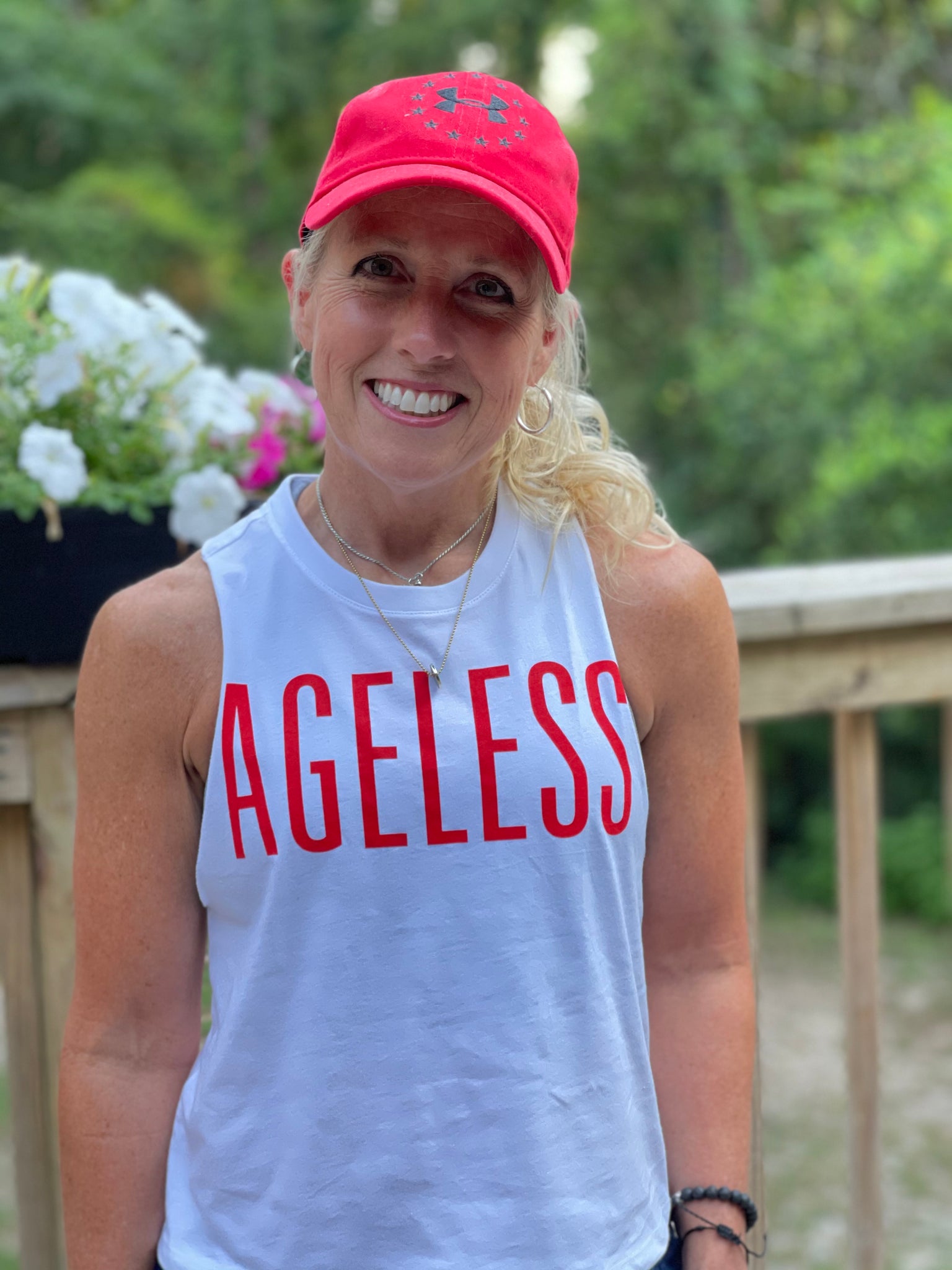 “Ageless” Scarlet White Sleeveless Crop Tee