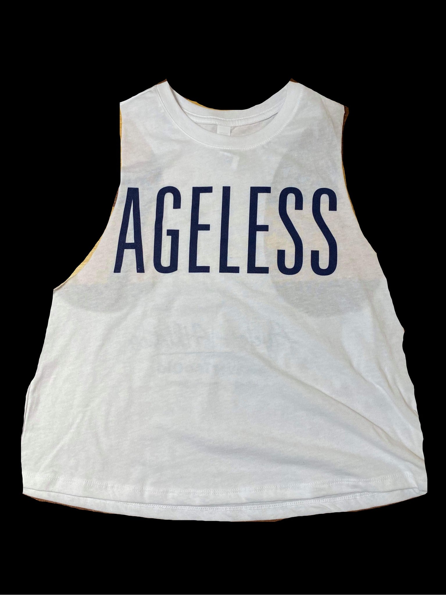 “Ageless” Indigo White Sleeveless Crop Tee