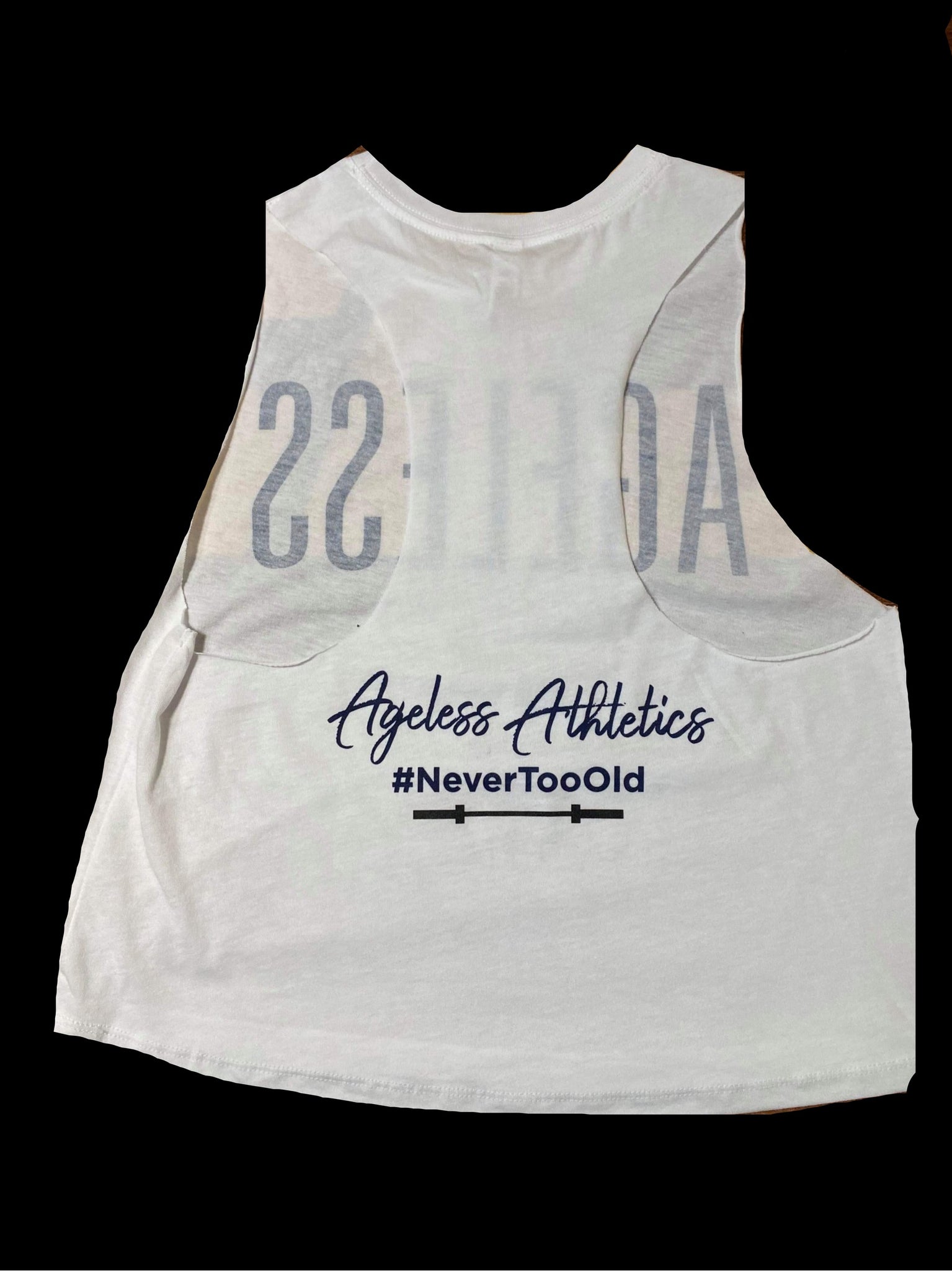 “Ageless” Indigo White Sleeveless Crop Tee